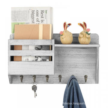 Wall Mounted Wooden Mail Organizer and Metal Hooks